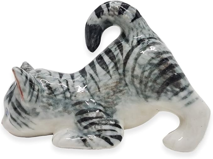 WitnyStore Tiny 2⅛" Gray White Tabby Shorthair Cat Bending Down Figurine - Miniature Hand Made Painted Ceramic Cats Kitten Feline Animal Cute Porcelain Decorative Collectible Figurines Décor Gifts