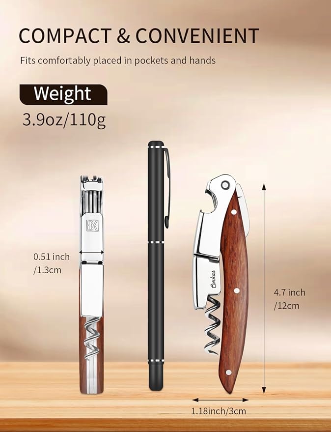 Wine Key - CORKAS Prestige Waiter Corkscrew with Rosewood Handle, Handcrafted Wine Opener Manual with Double Hinged, Foil Cutter and Bottle Opener, Ideal Gifts for Sommelier, Bartenders, Servers