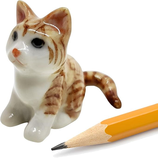 WitnyStore Tiny 1⅛" Long Brown White Tabby Shorthair Cat Sitting Figurine - Miniature Hand Made Painted Ceramic Cats Kitten Feline Animal Cute Porcelain Decorative Collectible Figurines Décor Gifts