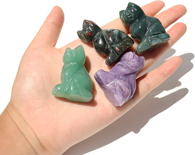 Gemstone Cat Stone 1PC, 1.5 Inches Hand Carved Crystal Cat Animal Figurine Natural Healing Crystal Sitting Cat Lucky Kitten Statues for Home Decor, Gift