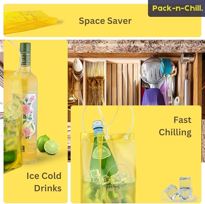 Ice Wine Bag, 2-Pack Collapsible Portable Wine Chiller (Pink & Yellow), Wine Bottle Chiller Ice Bag with Handles, Chill Wine Champagne Beers and Ice Drinks, Wine Gift Bag