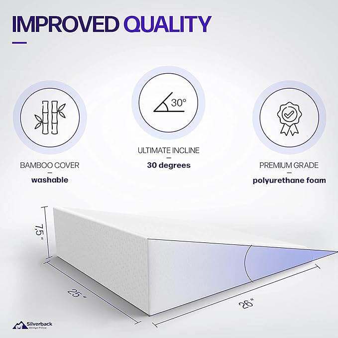 7.5" Wedge Pillow for Acid Reflux - Dr. Recommended Height, Luxurious 2" Memory Foam Pillow Wedge for Sleeping, GERD, Post Surgery, Heartburn, and Snoring - Viscose of Bamboo Cover (25" Wx26 Lx7.5 H)