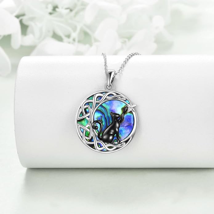 925Sterling Silver Moon Black Cat Necklace for Women Tree of Life Cat Jewelry for Women Abalone Necklace for Cat Lover Birthday