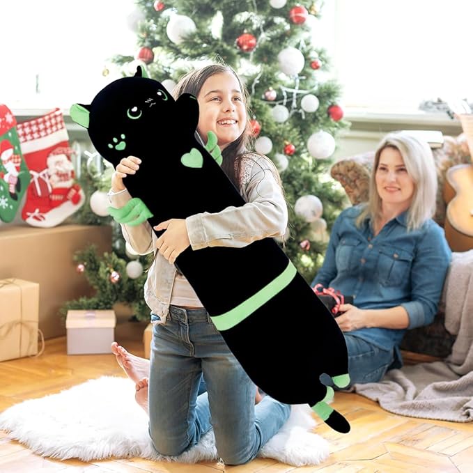 Long Cat Plush Body Pillow, Cute Cat Plush Toy Pillows with Wings, Stuffed Animals Kitten Soft Plushies Gifts for Kids Girls Girlfriend(AngelCat Green, 43.3in/110cm)