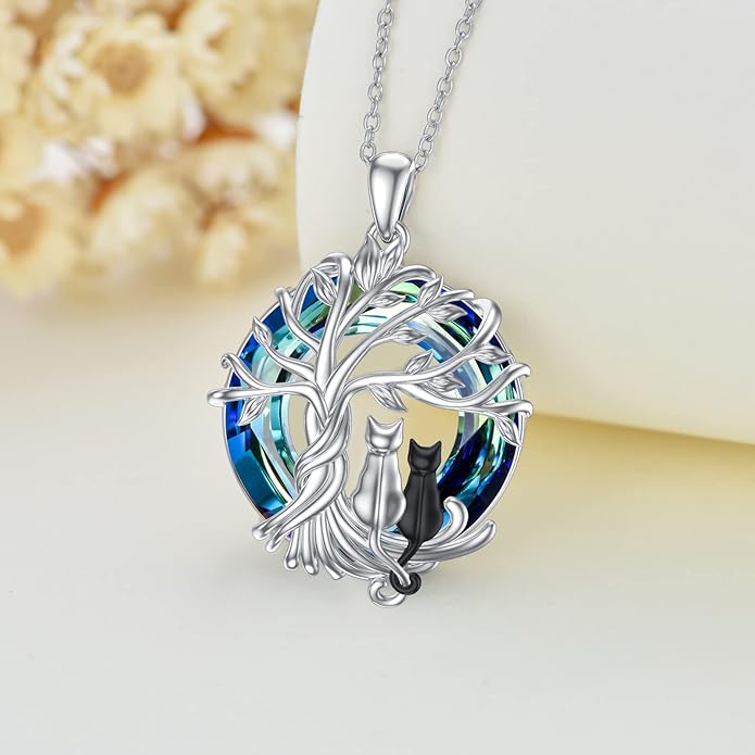 TOUPOP Cat Gifts for Cat Lovers Sterling Silver Cute Cat Tree of Life Pendant Necklace with Blue Circle Crystal Birthday Christmas Jewelry Gifts for Women