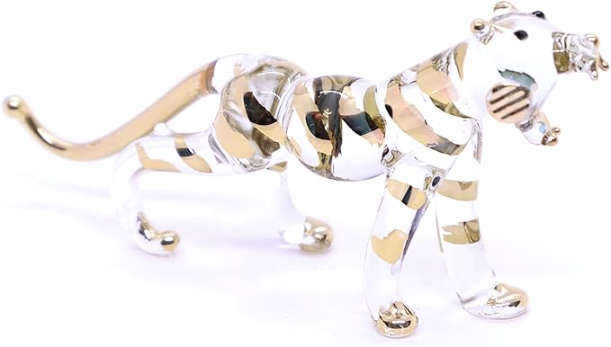 WitnyStore Tiny 4" Long Clear Gold Standing Tiger Roaring Figurine - Miniature Hand Blown Painted Glass Panthera Wild Cat Small Crystal Wildlife Animals Decorative Collectible Figurines Décor Gifts