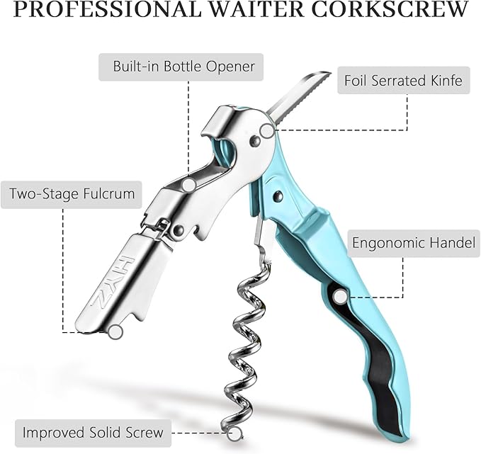 HYZ 2-Pack Wine Opener Waiter Corkscrew, Professional Wine Key for Servers, Bartender with Foil Cutter, Manual Wine Bottle Opener Double Hinged (Aqua Blue)