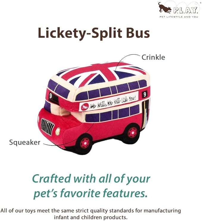 P.L.A.Y. Cute Plush Dog Toys - Canine Commute, Travel Themed Durable Squeaker Chew Toy, Great for Puppies & Small, Medium, Large Dog Breeds - Machine Washable, Recycled Materials (Lickety-Split Bus)