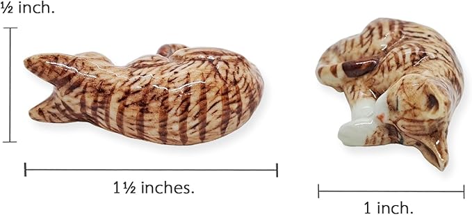 WitnyStore Tiny 1½" Brown White Tabby Shorthair Cat Sleeping Curled Figurine - Miniature Hand Made Painted Ceramic Cats Kitten Feline Animal Cute Porcelain Decorative Collectible Figures Décor Gifts
