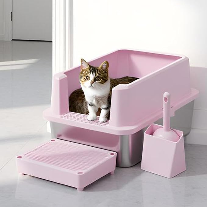 RIZZARI Stainless Steel Litter Box: Pink Leakproof Open Top Tray - Large Size Odor Control for Cats Under 20 lbs - with Deodorizer - 2 Pack - for Laundry Room Restroom