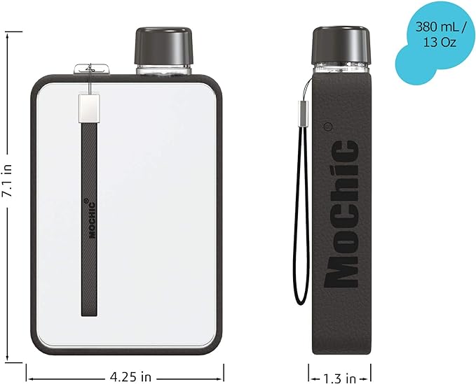 Mochic 13oz Flat Water Bottle - Portable Travel Mug Handbag Slim Cold Plastic Flask | BPA Free A5 Water Bottle Tritan Plastic | Sports, Camping, Gym, Fitness, Outdoor - Leak Proof. 380ml (Black)