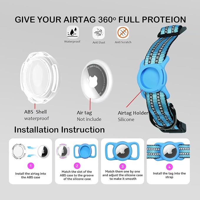 Reflective Dog Collar with Apple AirTag Holder & QR Code Pet ID Tag,Soft Nylon Adjustable Dog Tracker Collar with Safety Lock for Large Dogs(Blue, L（16"-26"）)