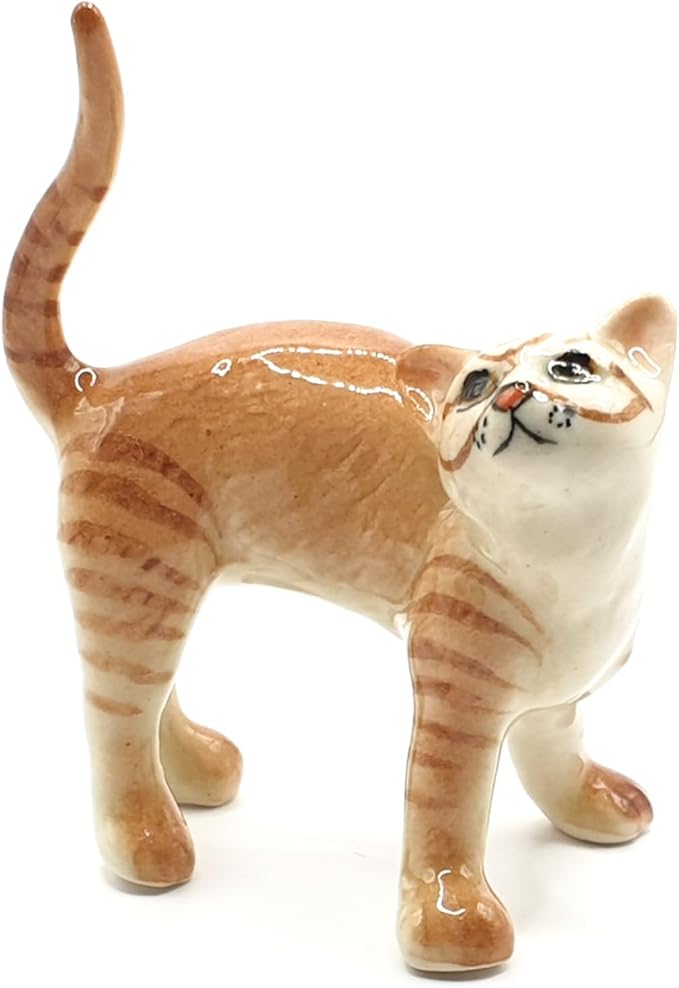 WitnyStore Tiny 2" Brown White Tabby Shorthair Cat Standing Look Up Figurine - Miniature Hand Made Painted Ceramic Cats Kitten Feline Animal Cute Porcelain Decorative Collectible Figurines Décor Gifts
