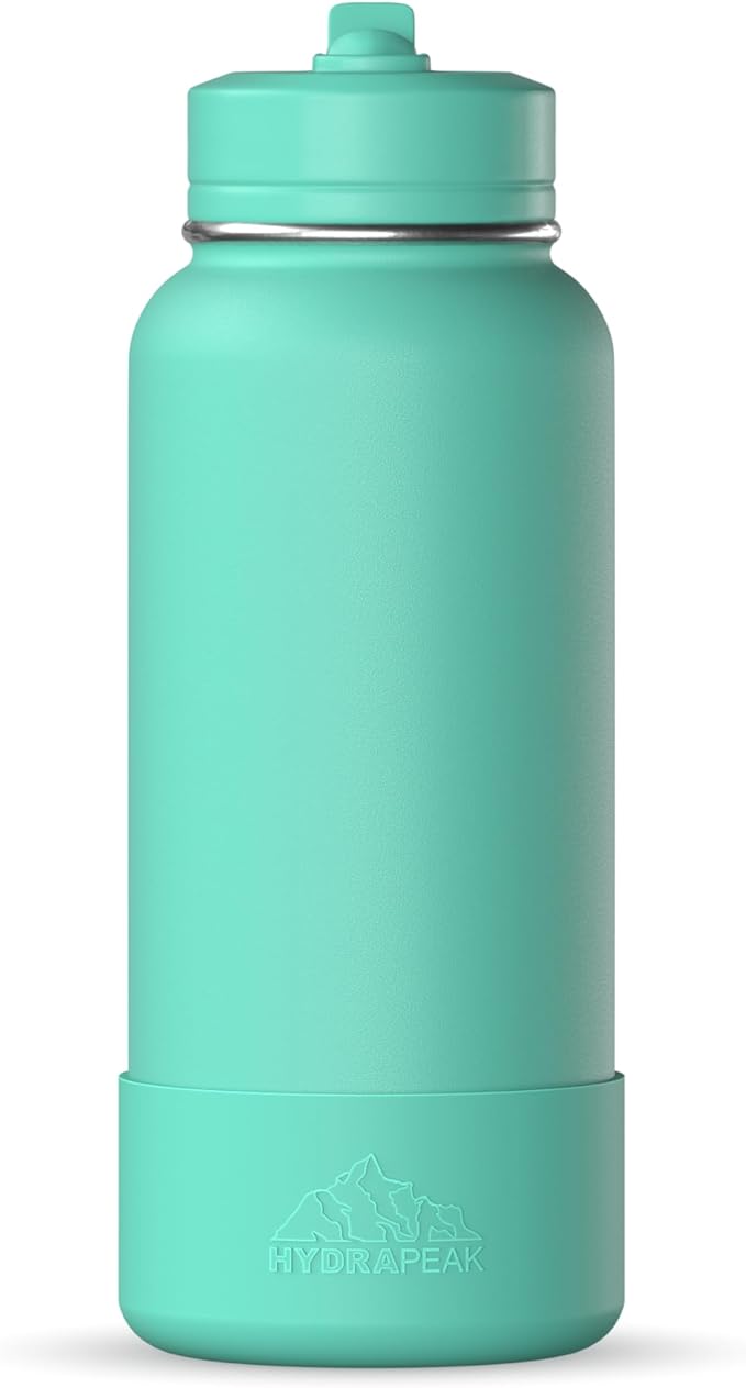 Hydrapeak 32oz Sport Insulated Water Bottle with Straw or Chug Lid, Leak & Spill Proof, Keeps Drinks Cold for 24 Hours, Hot for 12 Hours, Premium Stainless Steel Water Bottles (32oz, Mint)