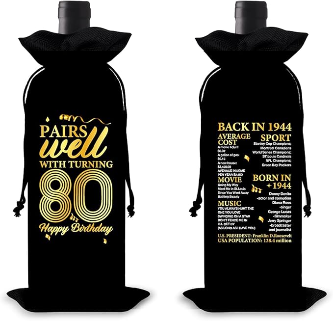 80th Birthday Gifts Wine Bag Congratulations Gifts for Women Men Parents Mom Dad Anniversary Favors 1944 Birthday Wine Gift Bag