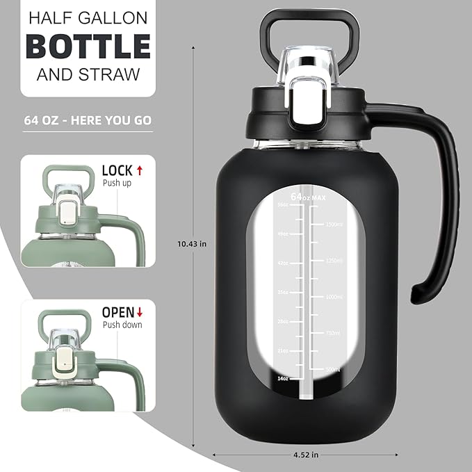 64 oz Glass Water Bolttles Half Gallon Large Motivational Water Bottle with Time Marker Sports Water Bottles with Silicone Sleeve and Handle Lid Water Jug for Gym Workout-1 Pack