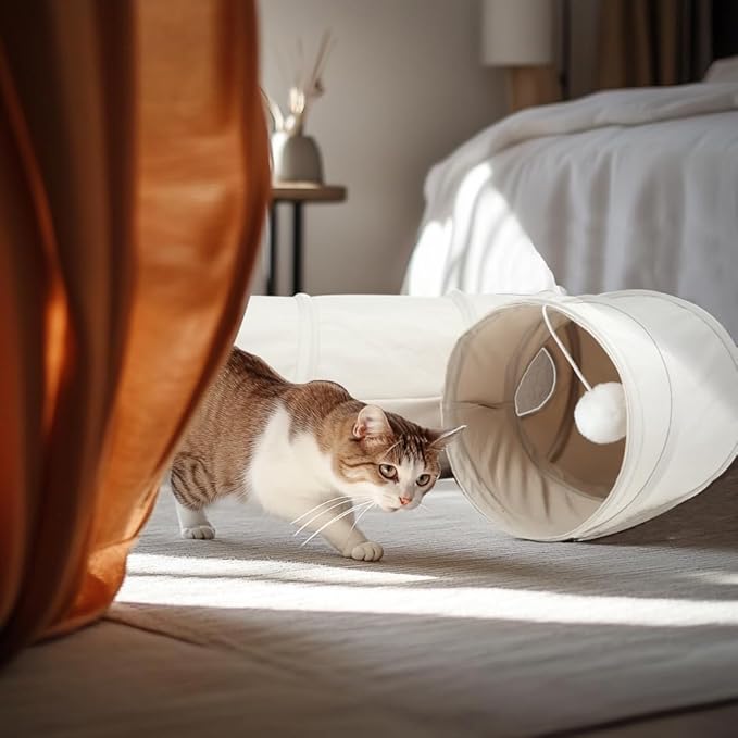 Cat Tunnel, 2-Way Collapsible Cat Tube with Interactive Peek-A-Boo Hole, Toy Ball, and Rope – Ideal for Indoor Cats, Kittens, and Rabbits, Beige