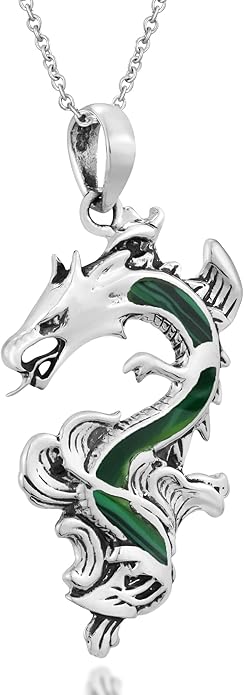 AeraVida Legendary Chinese Dragon Charm Stone Inlaid Accent .925 Sterling Silver Pendant on 18-inch Chain Necklace | Dragon Jewelry Necklace Accessory for Men Women Unisex