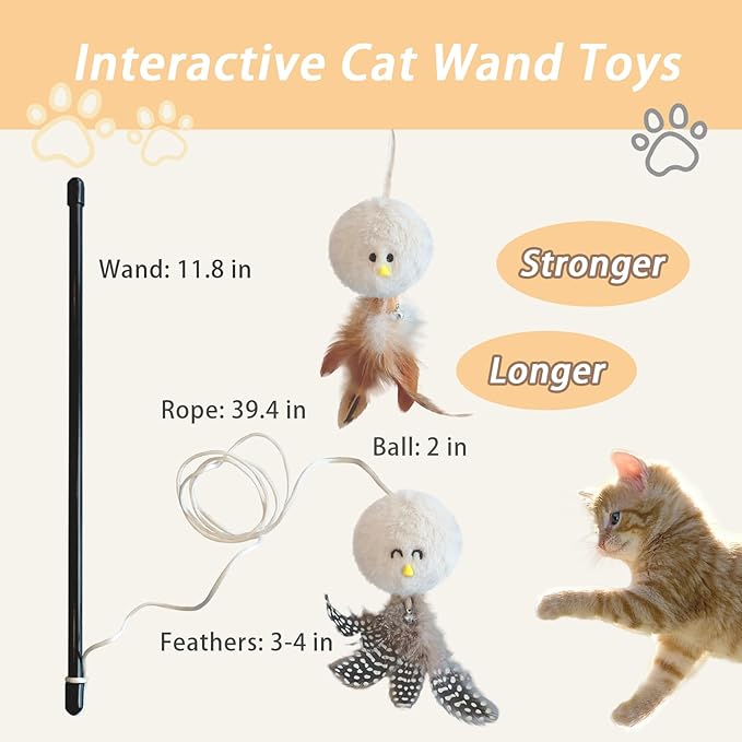 Interactive Cat Wand Toy Set,2 PCS Feather Plush Ball Cat Toys with Catnip & Bell Cats Teaser Sticks for Indoor Play Chase Exercise with Kittens
