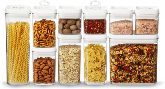 Felli Flip Tite Storage Container with 4 Inch Lid SQUARE & RECTANGLE, Air Tight Ring Seal Top Clear Acrylic Canister Jar, Spice Pasta Cereal Snack Pantry Organizer, Gift Set for Women (10pk, Variety)