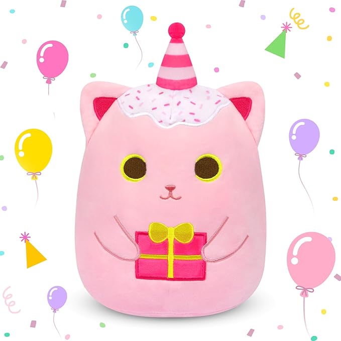Birthday Cat Plush Pillow,Pink Cat Stuffed Animal Toy,Cute Pinks Stuffed Animal with Gifts, Cat Plushies Birthday Gifts for Kids