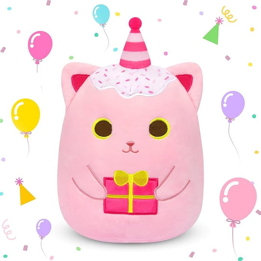 Birthday Cat Plush Pillow,Pink Cat Stuffed Animal Toy,Cute Pinks Stuffed Animal with Gifts, Cat Plushies Birthday Gifts for Kids