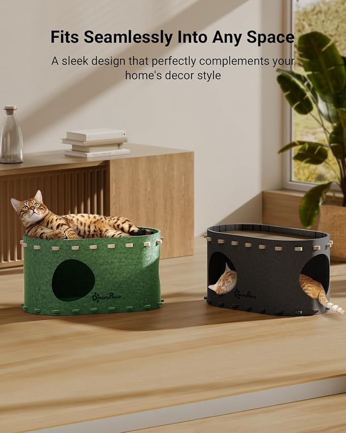 DownyPaws Cat House for Indoor Cats, Cat Bed Cave for Multiple & Large Cats Up to 22 Lbs, Scratch Resistant Peekaboo Cat Caves, Foldable Tunnel Enclosed Bed, PeekaPurr, Forest