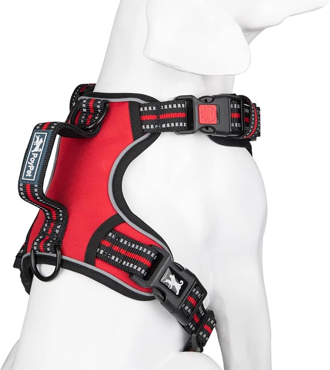 PoyPet No Pull Dog Harness, No Choke Front Clip Reflective Dog Vest with Soft Padded Vertical Handle, 3 Leash Attachments for Small Medium Large Dogs (Red,M)