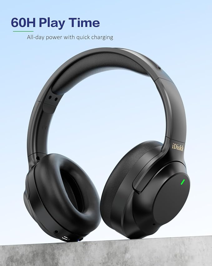 iDiskk E11 Hybrid Active Noise Cancelling Headphones, Wireless Bluetooth Headphones, with Microphone Deep Bass, 60H Playtime,Hi-Res Audio Wireless Headsets for Flight Trips,Studying (Green Stripe)