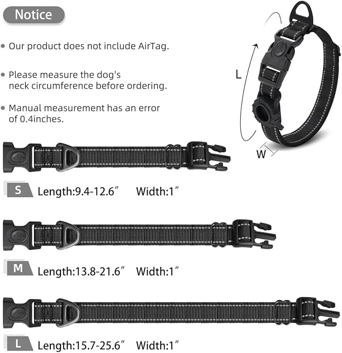 JSXD AirTag Dog Collar, Night Reflective Nylon Dog Collar for Small Medium Large Dogs,Lockable Quick Release Buckle,Padded Breathable Pet Collar with AirTag Holder (Black, Small)