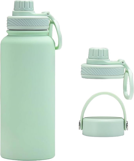 Mint Green 32 OZ Insulated Water Bottle, Large Metal Insulated Stainless Steel Water Flask, Big Sports Travel Water Bottle with 2 Lids, Insulated Sage Green Thermos Thermal Mug Cup
