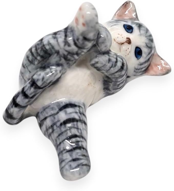 WitnyStore Tiny 1¾" Long White Gray Tabby Shorthair Cat Lying Leg Up Figurine - Miniature Hand Made Painted Ceramic Cats Kitten Feline Animals Cute Porcelain Decorative Collectible Figure Décor Gifts