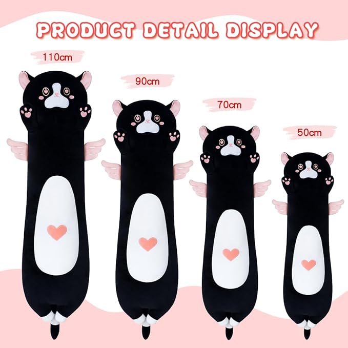 Long Plush Toy Cat Pillow Cute Plush Cat Toy Doll Stuffed Animal Cat Hugging Pillow for Sleeping Gift for Kids and Girls(Black&Pink,70cm/27.5in)