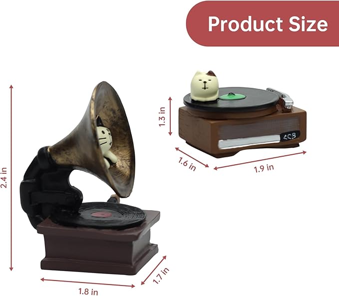 Cat Vintage Phonograph and Cat Record Player Figurine Suitble for Office, Home Decoration Perfect Cute Cat Gift for Cat Lovers