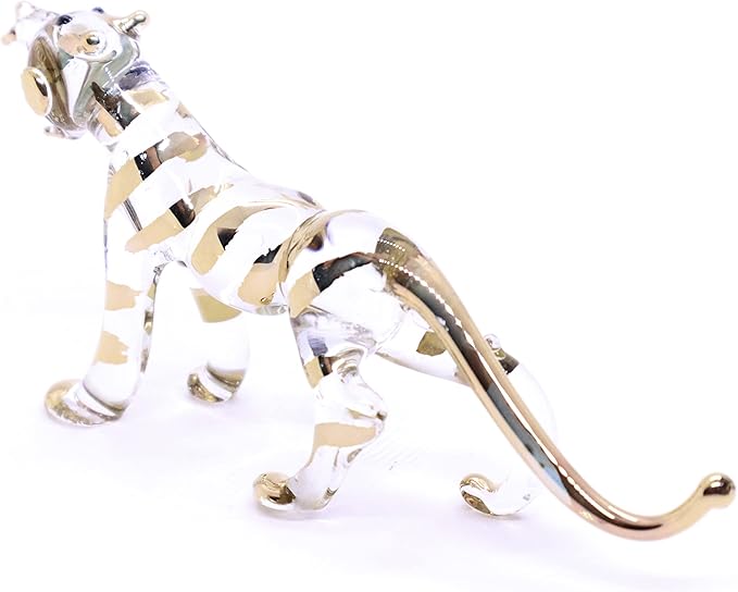 WitnyStore Tiny 4" Long Clear Gold Standing Tiger Roaring Figurine - Miniature Hand Blown Painted Glass Panthera Wild Cat Small Crystal Wildlife Animals Decorative Collectible Figurines Décor Gifts