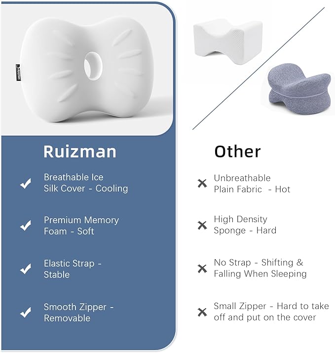 Knee Pillow for Side Sleepers - Memory Foam Leg Pillow for Side Sleeping - Comfortable Soft Side Sleeper Leg Positioner Pillows for Pregnancy, Hip Pain, Spine Alignment (Light Grey)