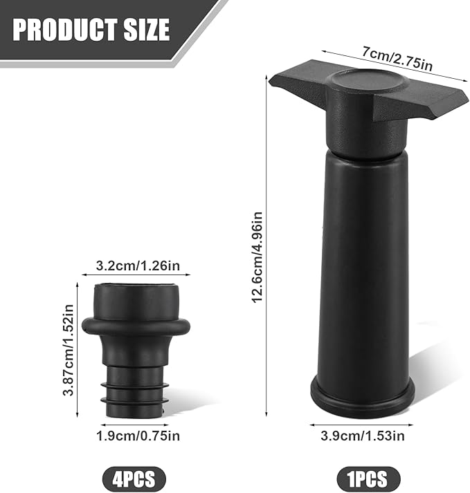4PCS Wine Bottle Stoppers & A Wine Vacuum Saver Pump, Silicone Leak Proof Wine Stopper Sealer Plug Fit for All Standard Wine Bottles, Wine Preserver Keeps Wine Fresh