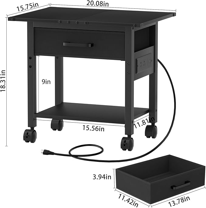 Lerliuo Under Desk Rolling Printer Stand with Charging Station and USB Ports, 2-Tier Printer Table Desk with Fabric Drawer, Printer Cart Holder with Lockable Wheels for Home, Office (Black)