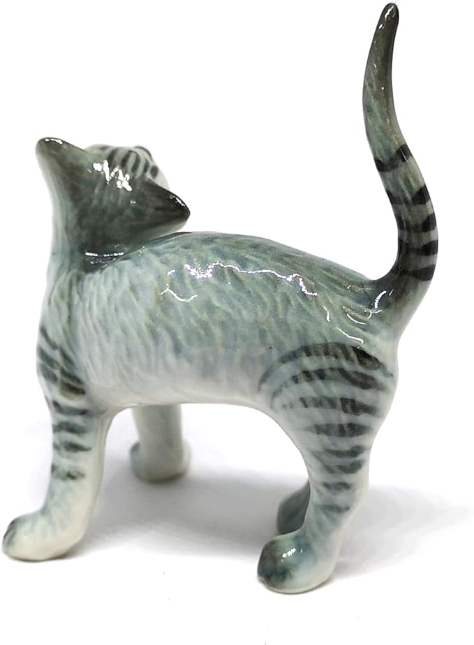 ZOOCRAFT Ceramic Cat Figurine Miniatures Stretching Gray Pet Lovers Collectibles Hand Painted Animal Poecelain