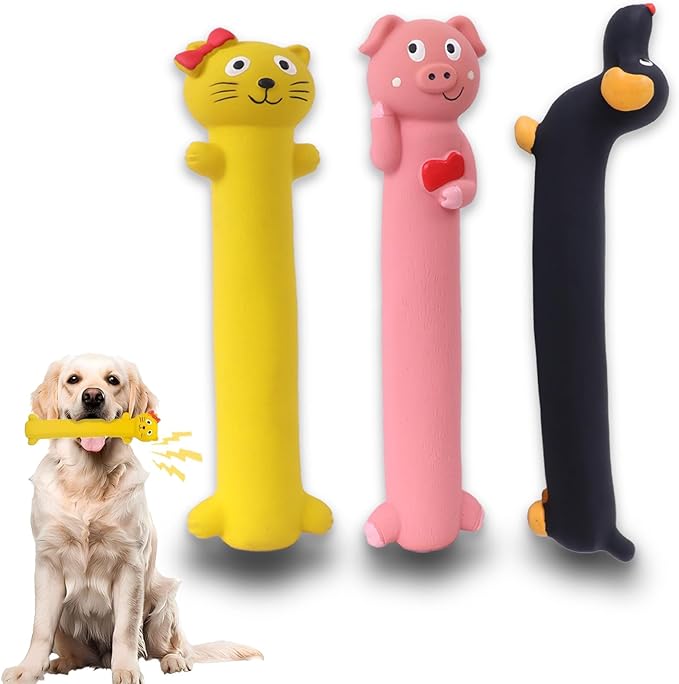 3 pcs 9-11 inch Original Squeaky Latex Dog Toy for Small Medium Large Breeds, Rubber Bite Force Pet Toys for Cat Puppy Animal(Yellow Pink Black), Safe Easy to Clean
