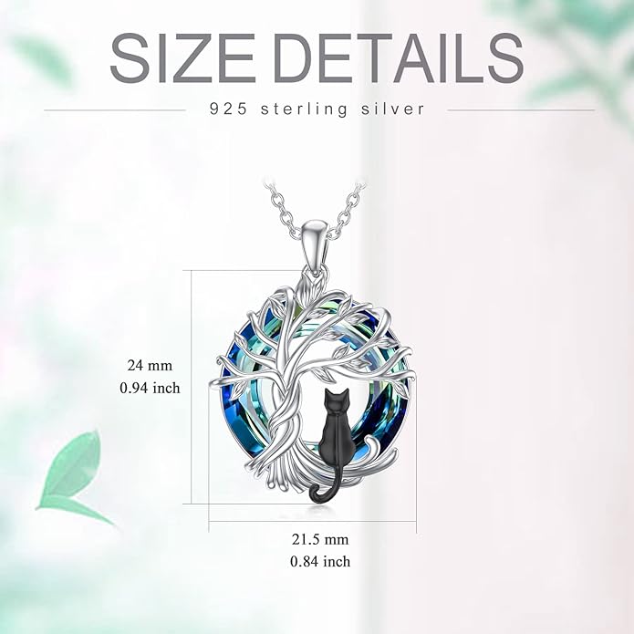 TOUPOP Cat Gifts for Cat Lovers Sterling Silver Cute Cat Tree of Life Pendant Necklace with Blue Circle Crystal Birthday Christmas Jewelry Gifts for Women
