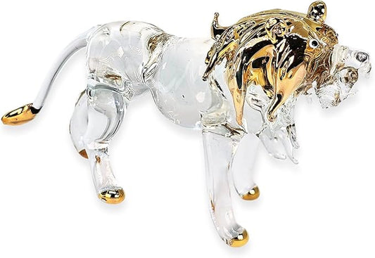 WitnyStore Tiny 5" Long Clear Gold Standing Lion Roaring Figurine - Miniature Hand Blown Painted Glass Panthera Wild Cat Small Crystal Wildlife Animals Decorative Collectible Figurines Décor Gifts