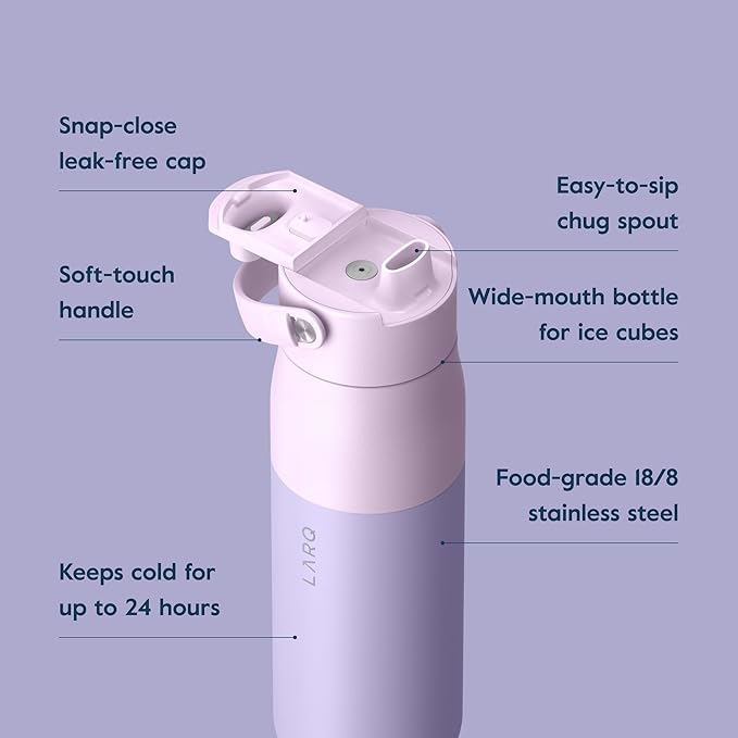 LARQ Bottle Swig Top 23oz - Insulated Stainless Steel Water Bottle With Built-In Silicone Handle | Thermos, BPA Free | Reusable Water Bottle for Sports, Gym, and Travel, Luberon Lavender