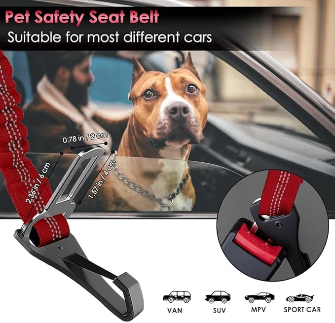 SlowTon Dog Seat Belt, Adjustable Dog Safety Belt Leash, 2 in 1 Latch Bar Attachment Dog Car Seatbelt with Elastic Nylon Bungee Buffer, Reflective Nylon Belt Tether Connect to Dog Harness (Red)