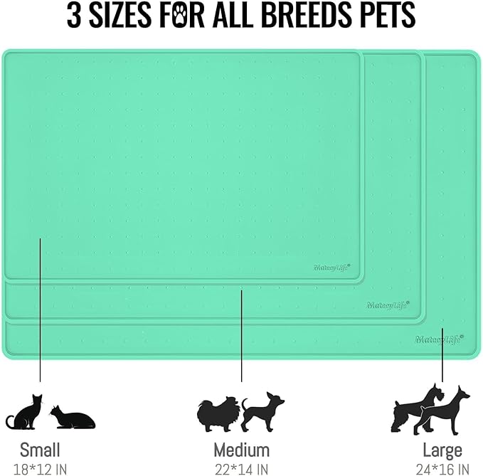 MateeyLife Dog & Cat Food Mat - Waterproof, Nonslip, Raised Edges, Silicone Tray for Messy Drinkers, 24"x16", Mint Green