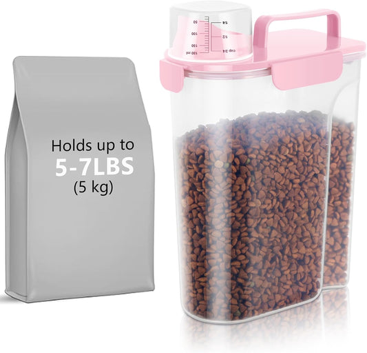 5-7Lbs Dog Cat Food Storage Container with Upgraded Large Nozzle BPA-free, 4 Snap Seals Plastic Pet Food Storage Containers with Handles (1, Light Pink, 5L)