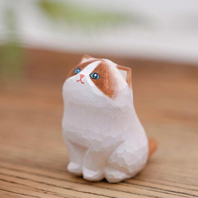 Cute Wooden Ragdoll Cat Figurine, Hand Carved Statue Crafts, Creative Home Decor, Unique Figure Collectibles Gift for Cat Lovers