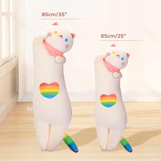 Rainbow Long Cat Plush Pillow, 25" Cute Kitten Stuffed Animal, Kawaii Cuddle Body Pillow Gift for Girlfriend Women Girls, Soft Hugging Plush Toy for Bed, Sofa or Room Decor