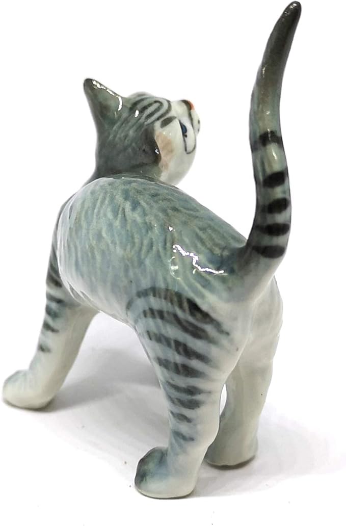 ZOOCRAFT Ceramic Cat Figurine Miniatures Stretching Gray Pet Lovers Collectibles Hand Painted Animal Poecelain