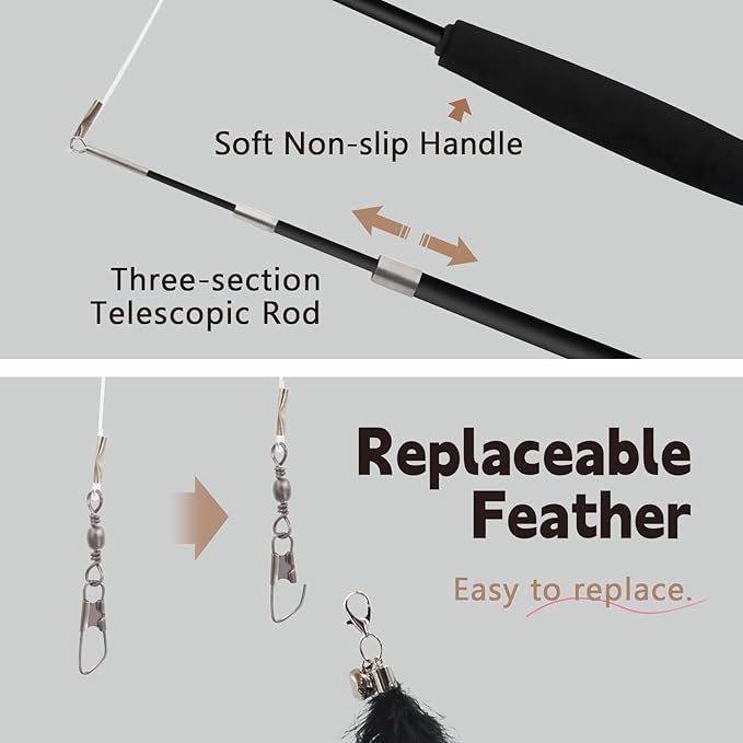 SONGWAY Cat Wand Toys for Indoor Cats - Cat Toy Set with Retractable Teaser Wand and 6 PCS Feather Toy Refills, Dragonfly Tassel Cat Toys Interactive, Black